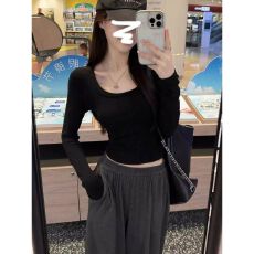 批发正肩黑色U领打底衫女秋冬季内搭辣妹短款低领长袖<b class='q'>t</b><b class='q'>恤</b>上衣