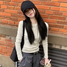 批发正肩t恤女长袖2025秋冬季内搭打底衫修身显瘦小圆领上衣纯色体恤