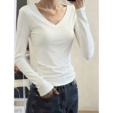 批发95棉春秋季新款v领长袖T恤打底衫女大码胖mm<b class='q'>百搭</b>修身内搭正肩上衣
