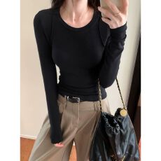 批发95棉正肩<b class='q'>长袖</b>打底衫女春秋2025新款<b class='q'>大码</b>胖mm修身圆领内搭T恤上衣