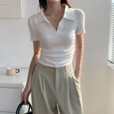 批发白色polo衫领短袖<b class='q'>t</b><b class='q'>恤</b>女夏 2026新款高腰辣妹<b class='q'>紧身</b>翻领收腰短款上衣