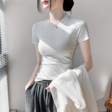 批发2026新款爆款小衫纯色修身上衣夏季含棉短袖T恤女夏圆领体恤穿搭