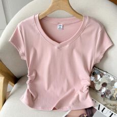 粉色V领少女感正肩T恤女2026夏季卡腰褶皱显瘦小众辣妹短袖上衣服
