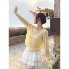 批发多巴胺黄色防晒罩衫女<b class='q'>夏季</b>2026新款雪花棉长袖t恤外搭上衣