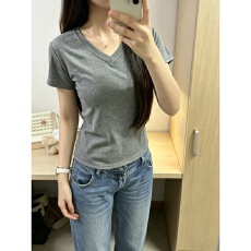 批发美式正肩V领短袖t恤女夏季新款基础款纯色百搭辣妹<b class='q'>修身</b>显瘦上衣潮