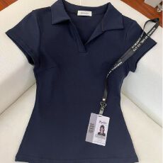 批发纯欲正肩polo领<b class='q'>t</b><b class='q'>恤</b>女夏季新款百搭休闲运动收腰修身显瘦短款上衣