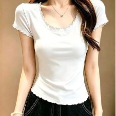 批发小个子多色可选圆领短袖木耳边修身<b class='q'>打底衫</b>T恤女夏季洋气套头上衣