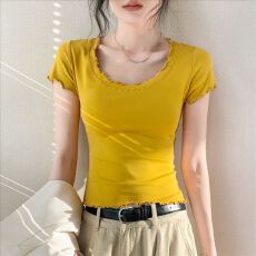 批发小个子多色可选圆领短袖木耳边修身<b class='q'>打底衫</b>T恤女夏季洋气套头上衣