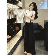 批发夏季独特纯欲白色侧条纹短袖<b class='q'>t</b><b class='q'>恤</b>女设计感小众甜辣妹修身显瘦上衣