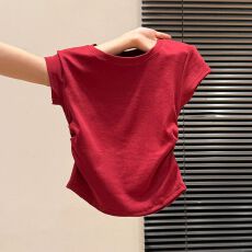 批发正肩短袖t恤女夏设计感小众圆领收腰抽褶百搭基础款修身显瘦上衣