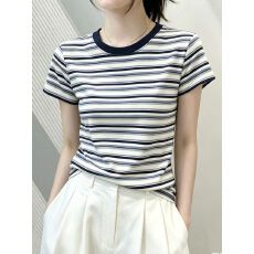 美式复古撞色条纹短袖T恤女遮肚子正肩2026夏季修身辣妹棉质上衣