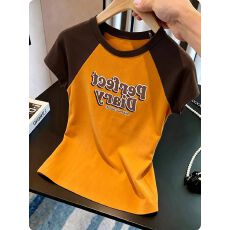 美式辣妹撞色正肩短袖t恤女童2026夏季穿搭印花短款修身显瘦上衣