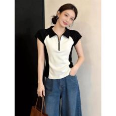 批发设计感撞色拼接Polo领短袖T恤女夏季大码<b class='q'>胖</b><b class='q'>MM</b>修身显瘦高级感上衣