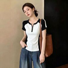 批发撞色拼接拉链短袖T恤女夏季<b class='q'>胖</b><b class='q'>mm</b>韩系时尚显瘦减龄上衣