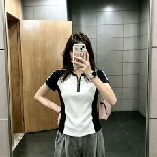批发设计感黑白拼色拉链短袖T恤女<b class='q'>胖</b><b class='q'>mm</b>夏季日常休闲撞色减龄上衣