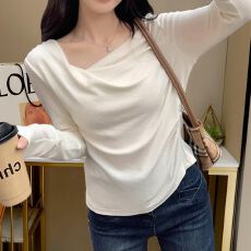 批发春秋荡领修身长袖洋气<b class='q'>T</b><b class='q'>恤</b>女秋胖mm大码小众纯欲风设计感纯色上衣