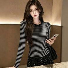 批发羊绒新款<b class='q'>潮牌</b>女装条纹正肩长袖<b class='q'>T</b><b class='q'>恤</b>女打底衫修身遮肚显瘦内搭上衣
