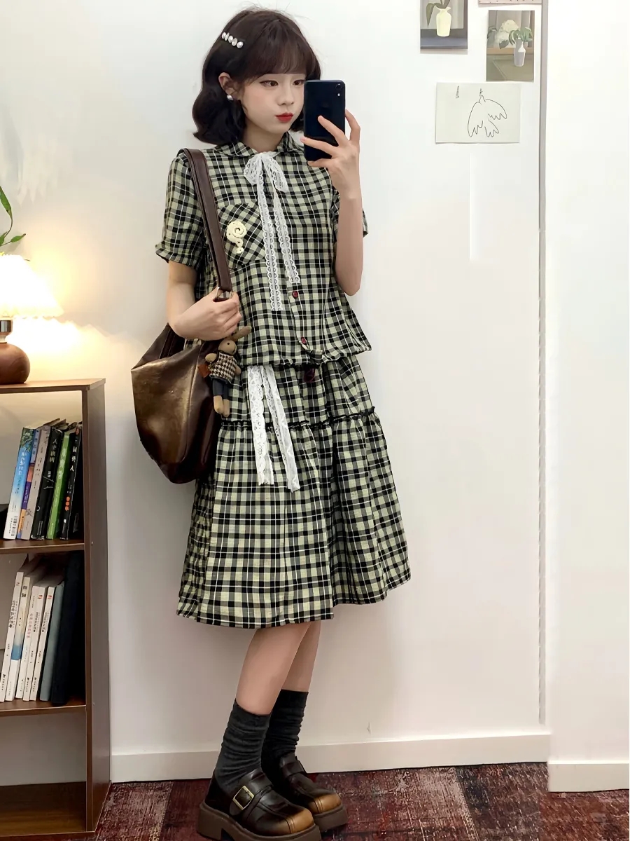 FA36186# 学院风套装日系复古格子短袖衬衫衬衣高腰半身裙女夏两件套小个子  服裝批發女裝批發服飾貨源