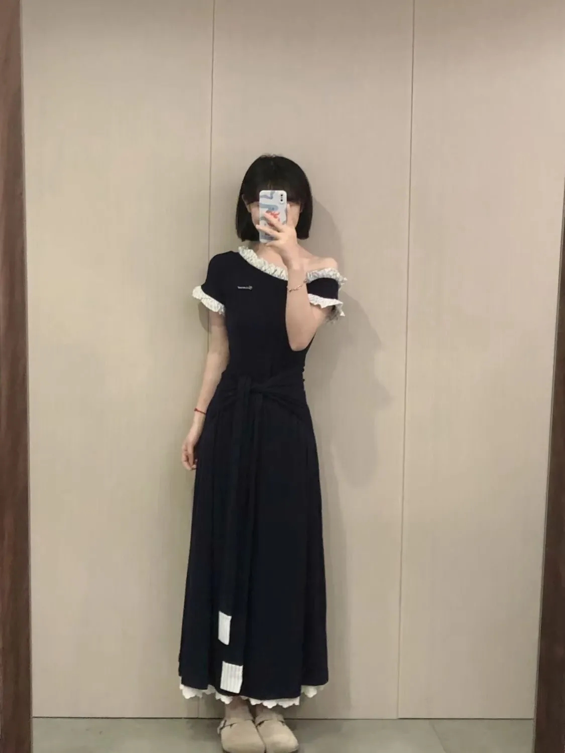 FA36184# 韩系斜肩拼接假两件针织连衣裙女夏季新款设计感小众收腰气质长裙  服裝批發女裝批發服飾貨源