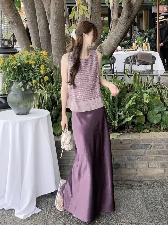 FA36177# 夏季气质一整套重工亮片高级感独特无袖背心女小香风半身裙两件套  服裝批發女裝批發服飾貨源