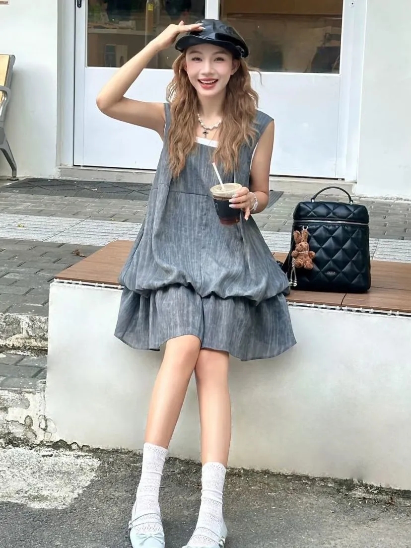 FA36178# 学院风灰色无袖连衣裙女夏季新款领口撞边背心花苞短裙小个子甜美  服裝批發女裝批發服飾貨源