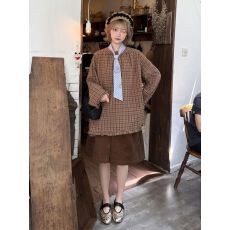 批发2025日系新款女装秋季慵懒风宽松套头衬衫格纹上衣百搭短裤两件套