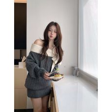 批发灰色一字肩<b class='q'>蝴蝶结</b>针织<b class='q'>连衣裙</b>女秋冬季新款法式纯欲收腰包臂短裙子