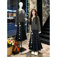 批发巨好看春秋<b class='q'>套装</b>韩系复古漂亮<b class='q'>针织</b>衫毛衣女高腰格纹半身长裙两件套