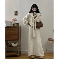 批发韩系慵懒套装女秋冬新款<b class='q'>通勤</b>时髦披肩叠穿针织衫毛衣半身裙三件套