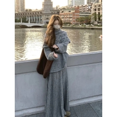 批发韩系慵懒套装<b class='q'>女</b>秋冬新款保暖设计感斗篷毛衣针织衫<b class='q'>半身裙</b>子气质潮