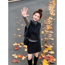 批发韩系穿搭一整套女秋冬新款复古针织衫毛呢马甲半身裙独特漂亮套装