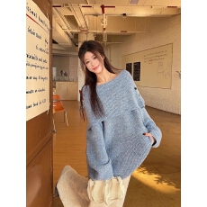批发慵懒高级感一字法式<b class='q'>针织</b>衫翻领毛衣秋冬长袖新款蓝色宽松显瘦上衣