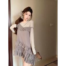 批发套装女春秋新款时尚荷叶边不规则吊带<b class='q'>连衣裙</b>叠穿<b class='q'>长袖</b>打底衫两件套