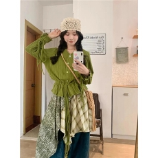 批发度假风套装女春秋新款宽松系带<b class='q'>长袖</b>衬衫不规则格纹半身裙两件套潮
