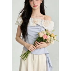 批发温柔风夏天穿搭一整套立体花朵一<b class='q'>字</b>肩<b class='q'>T</b>恤短袖上衣阔腿长<b class='q'>裤</b>女套装