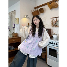 批发甜美套装立体花朵镂空针织毛衣马甲开衫叠穿<b class='q'>长袖</b>衬衫春秋女<b class='q'>两件套</b>