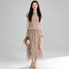 批发巨好看夏季<b class='q'>套装</b>法式<b class='q'>蕾丝</b>针织短袖上衣重工荷叶边网纱长裙两件套女