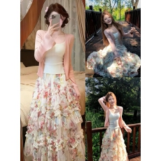 批发温柔风韩版春夏新款针织开衫吊带背心+高腰碎花半身裙女/三件套装