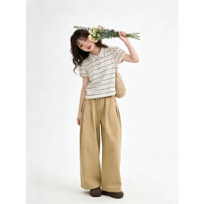 批发日杂风蓝白条纹针织短袖<b class='q'>T</b><b class='q'>恤</b>女装<b class='q'>夏季</b>复古设计感小众宽松翻领上衣