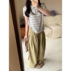 批发夏季ootd穿搭一整套韩系条纹娃娃领针织短袖上衣休闲百搭长<b class='q'>裤</b>女<b class='q'>装</b>