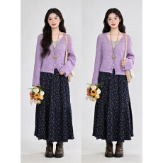 批发法式温柔风紫色<b class='q'>套装</b>女早春季韩系针织开衫吊带碎花裙三件套度假风