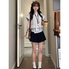 批发学院风<b class='q'>套装</b>女夏季新款收腰短款条纹短袖衬衫花苞半身裙两件套漂亮