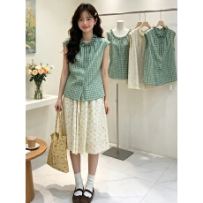 批发日杂风套装女夏季古早少女木耳边格纹短袖<b class='q'>衬衫</b><b class='q'>碎花</b>半身裙子两件套