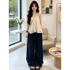 批发法式度假风<b class='q'>套装</b>女夏季别致镂空吊带背心复古宽松阔腿长裤子两件套