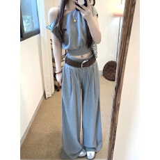 批发超好看松弛感套装韩系斜肩短袖T恤上衣休闲阔腿裤<b class='q'>女</b>装夏季两件套