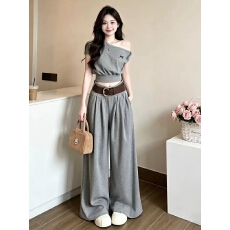 批发韩系氛围感穿搭一整套<b class='q'>女</b>夏季减龄修身刺绣上衣高腰休闲裤两件套潮