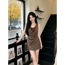 批发辣妹套装女夏新款咖色假两件荡领吊带背心A<b class='q'>字</b>半身短裙两件套显瘦