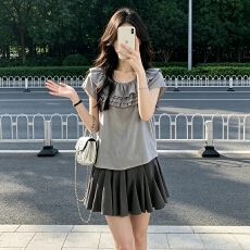 批发巨好看漂亮两件套装女夏季新款木耳边<b class='q'>娃娃领</b>短袖衬衫百褶裙一整套
