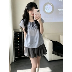 批发韩系灰蓝色荷叶边小飞袖衬衫女装夏季古早少女A<b class='q'>字</b><b class='q'>半身裙</b>子两件套
