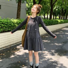 批发套装女秋季新款韩系复古牛仔吊带裙<b class='q'>连衣</b>裙叠穿条纹长袖T恤学院风